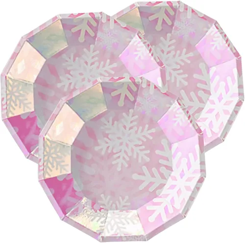 Miniatura 7 de Juego de suministros de fiesta de copo de nieve de Navidad sirve 16, suministros de fiesta temática rosa iridiscente, platos de papel de copo
