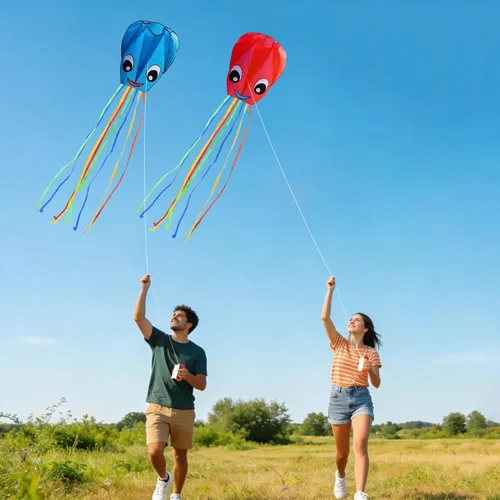 Miniatura 2 de Paquete de 2 cometas de pulpo grandes sonrientes mejoradas, fáciles de volar, cometas largas y coloridas para niños y adultos, actividades al aire