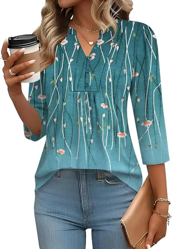 Miniatura 20 de IECCP Blusas de verano de manga 3/4 para mujer, estilo casual, cuello Henley, cuello en V, plisadas, ajuste holgado, blusas de trabajo