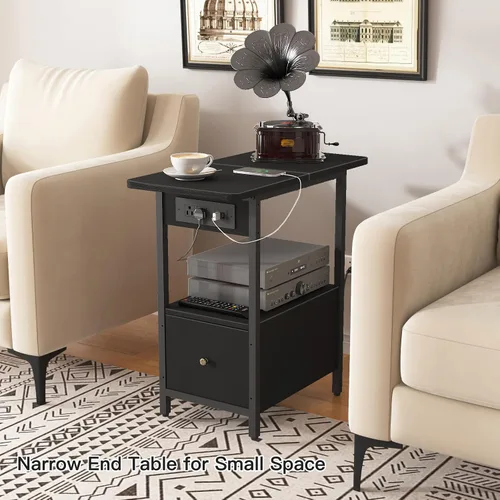 Miniatura 6 de LIDYUK Mesa auxiliar con estación de carga, mesa auxiliar estrecha con cajón, puertos USB y tomas de corriente, mesita de noche para espacios Negro