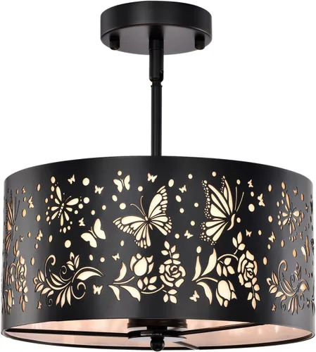 Lámpara de techo semiempotrada, lámpara de techo rústica de metal de pergamino blanco con diseño de mariposa, candelabros negros industriales de 3