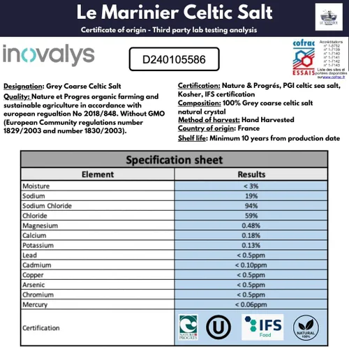 Miniatura 3 de Le Marinier Sal marina céltica orgánica gris gruesa, 1.1 lb - 18 oz. Sal marina francesa 100% natural y sin refinar rica en minerales orgánica. Sal