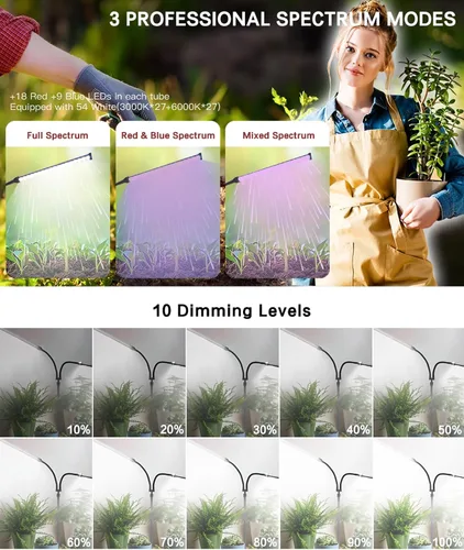 Miniatura 4 de Luces de cultivo profesionales para plantas de interior, espectro completo 2026 Upgrade,162 LEDs, Height Adjustable 13-38", 3 Spectrum Modes,10