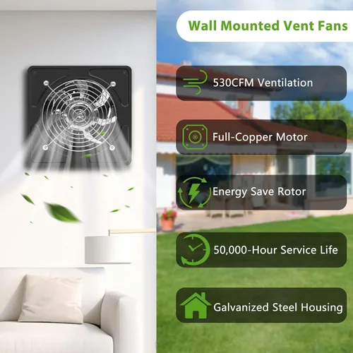 Miniatura 5 de Ventilador de escape de 8 pulgadas, ventilador de escape para cocina de 530 CFM con controlador de velocidad, ventiladores de pared de 110 V y 80 W