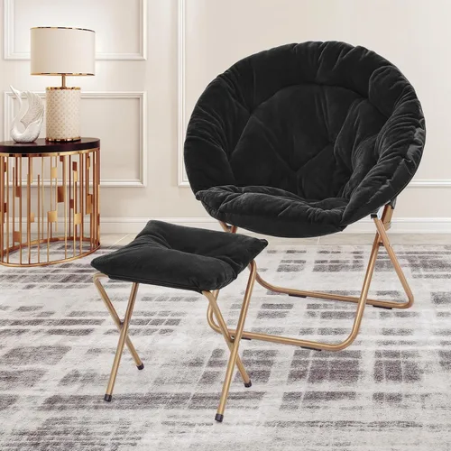 Miniatura 2 de MoNiBloom Silla redonda plegable de piel sintética para dormitorio, sala de estar, dormitorio, marco de metal plegable, de gran tamaño, cómoda, Negro