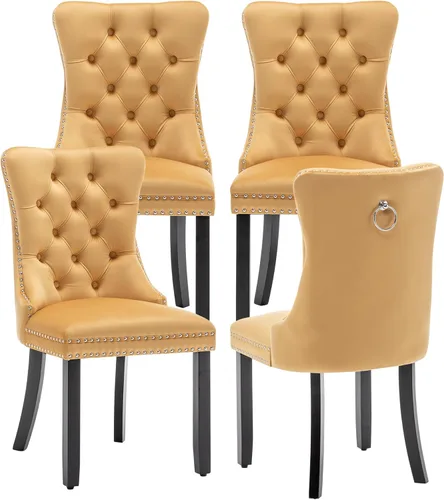 Miniatura 22 de Juego de 6 sillas de comedor de cuero, sillas de comedor tapizadas con ribete de cabeza de clavo y patas de madera maciza, silla auxiliar de comedor