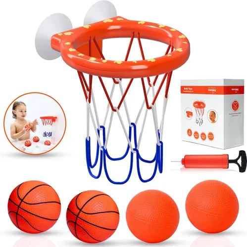 MARPPY Juguetes de baño: aro de baloncesto para bañera para niños pequeños y niños, juguete de ducha sin moho con 4 bolas sin agujeros, divertidos