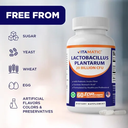Miniatura 6 de Vitamatic Lactobacillus Plantarum - 20 mil millones por cápsula DR - 60 unidades - Soporte digestivo - Fabricado con fibra prebiótica de inulina