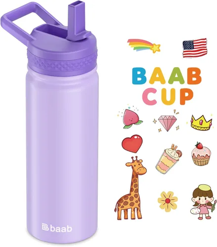 Miniatura 16 de baab Botella de agua para niños de 18 onzas, botella de agua aislada con popote y calcomanías, taza con popote de agua para niños de acero