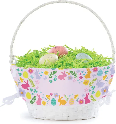 Miniatura 4 de Cesta de huevo de Pascua personalizada con diseño de flores de conejo con asa y nombre personalizado, forros de canasta de Pascua rosados, canasta