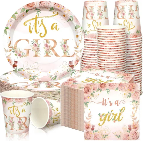 Hushee 200 piezas de platos de papel, servilletas y vasos florales para baby shower, juego de vajilla para fiesta de baby shower, vasos y Rosa