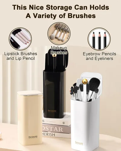 Miniatura 5 de Organizador de brochas de maquillaje mejorado con tapa, organizador de brochas de maquillaje a prueba de polvo con 4 compartimentos para tocador