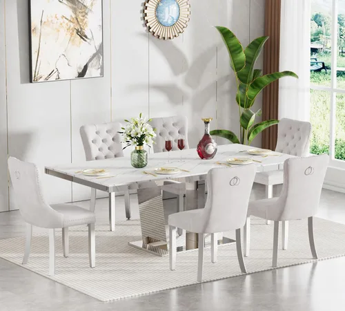 Miniatura 39 de Juego de mesa de comedor extensible de 5 piezas, juego de mesa de comedor extensible de estilo granja para 4, mesa de cocina expandible de madera
