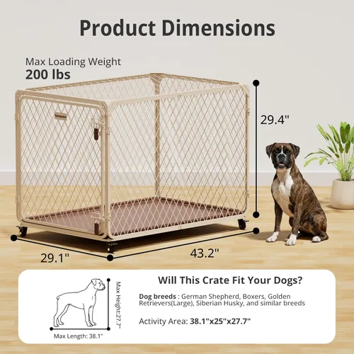 Miniatura 5 de Jaula para Perros Aurapaws, Jaula para Perros de 42 Pulgadas con Malla Diamante Mejorada con 4 Ruedas Bloqueables, Bandeja a Prueba de Fugas, Jaula