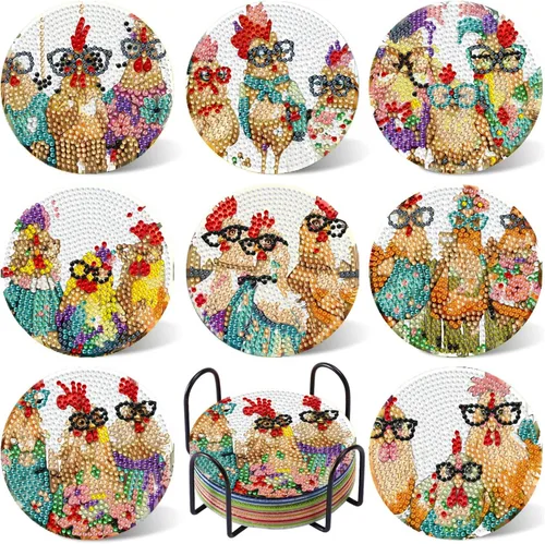 Miniatura 27 de Leatrice 6 piezas de posavasos de arte de diamante pequeños kits de pintura de diamante para adultos con puntos de diamante redondos, taladro
