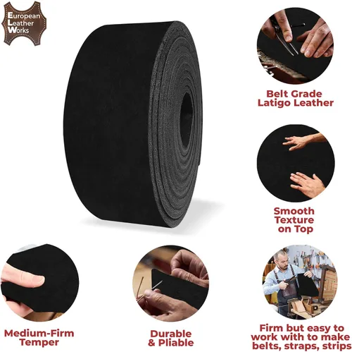 Miniatura 3 de ELW 5-6 oz (0.079-0.094 in) Latigo - Correas de cuero de grado para cinturón Tamaño: 1 x 50 pulgadas (1.0 x 50.0 in) Negro Cuero de vaca