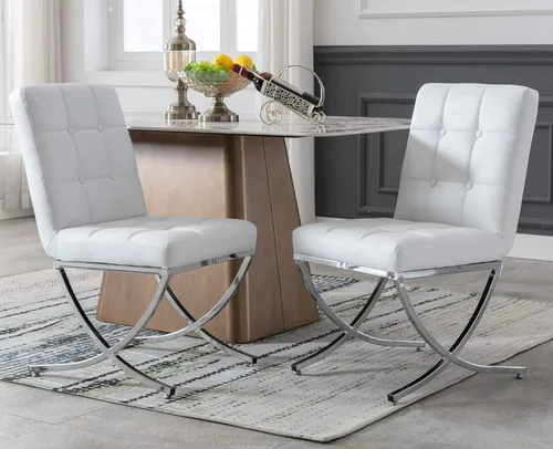 Miniatura 10 de EALSON Juego de 2 sillas de comedor modernas, tapizado de cuero negro con lengüetas de metal cromado y respaldos altos copetudos, sin brazos