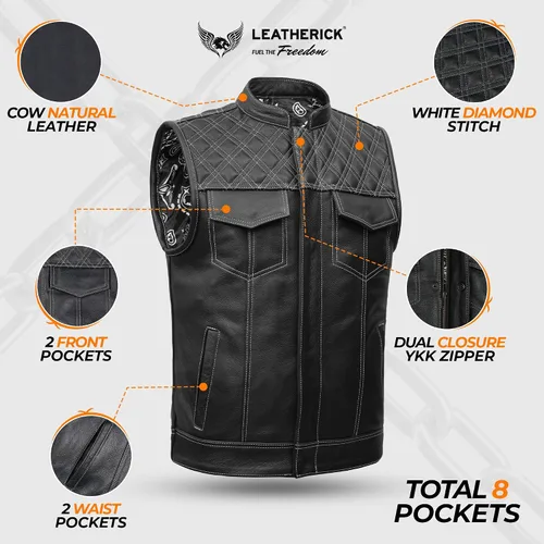 Miniatura 4 de Leatherick Mens Black Motorcycle Vests - Top Grain Cow Leather SOA Club & Traditional Paisley Satin Liner Leather Biker Vests