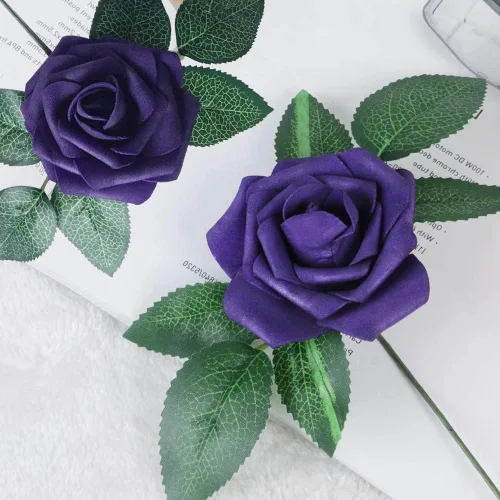 Miniatura 4 de Higfra Flores artificiales, 25 piezas de rosas falsas de espuma de color morado oscuro de aspecto real con tallos para ramos de boda, centros
