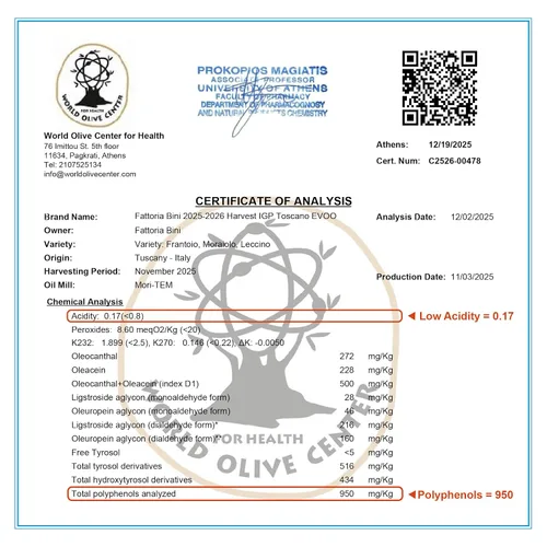 Miniatura 2 de Fattoria Bini Aceite de oliva italiano virgen extra virgen 2023-2024 Toscana IGP rico en polifenoles (+450 mg/kg) 2023-2024 Italia, propiedad