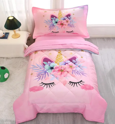 Miniatura 9 de KINBEDY Juego de ropa de cama para niños pequeños, 4 piezas, juego de ropa de cama de unicornio rosa para niñas, suave y lindo diseño floral, juego