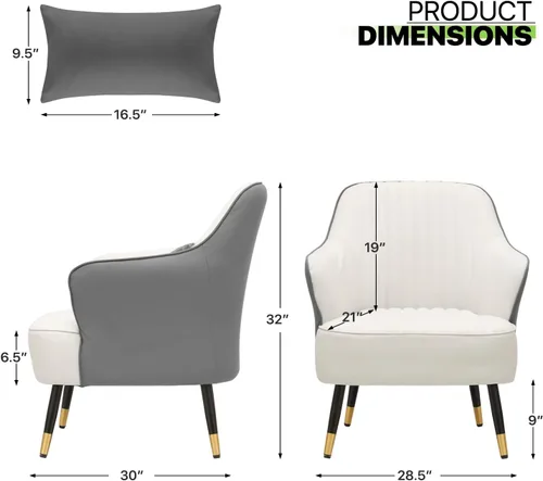 Miniatura 3 de Magshion Silla decorativa moderna con almohada lumbar, sillón tapizado de cuero, sillón individual ergonómico para sala de estar, dormitorio