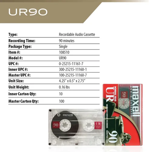 Miniatura 4 de Maxell UR 90 Normal Bias Blank Audio Recording Cassette Tape, Low Noise, 90 Minute Recording Time, 5 Pack