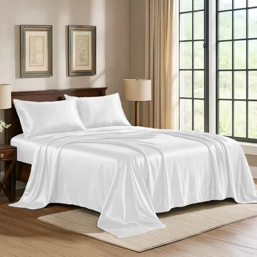 Miniatura 9 de Pure Bedding Sábanas de satén individuales [3 piezas, plateadas] Juego de sábanas sedosas de lujo para hotel, juego de sábanas de microfibra extra