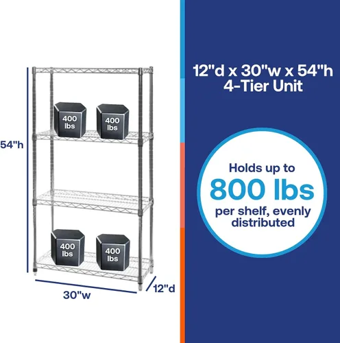 Miniatura 2 de Shelving Inc. Estantería de alambre cromado de 12 pulgadas de profundidad x 30 pulgadas de ancho x 54 pulgadas de alto con estantes de 4 niveles