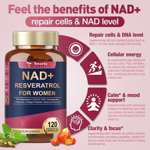 Miniatura 4 de Totaria Suplemento NAD+ para mujeres - Suplemento NAD Trans-Resveratrol con magnesio, CoQ10, PQQ, Ashwagandha, péptido de colágeno - Alternativa NMN