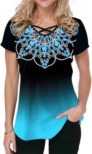 Janepam Camiseta de verano para mujer, talla grande, manga cortamedia degradada, color degradado, cruzada, cuello en V, Ombre