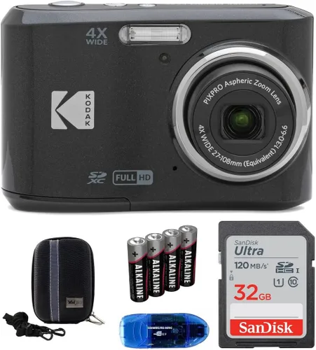 Kodak Pixpro FZ45 - Paquete de cámara digital, incluye: tarjeta de memoria SanDisk de 32 GB, baterías de repuesto, estuche rígido para cámara y Negro
