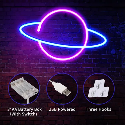 Miniatura 4 de Letreros de neón para decoración de pared, 3 luces LED de neón para dormitorio, USB o pilas, con luz espacial con temática de planeta alienígena