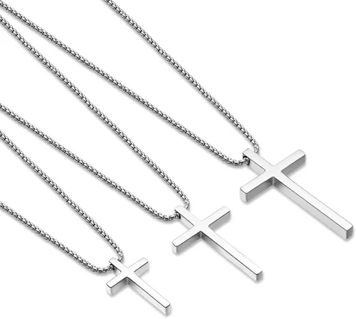 Miniatura 6 de Ursteel - Collar con dije de cruz de acero inoxidable para hombre, cadena de eslabones cuadrados de 16 a 30 pulgadas, color plateado, negro, dorado