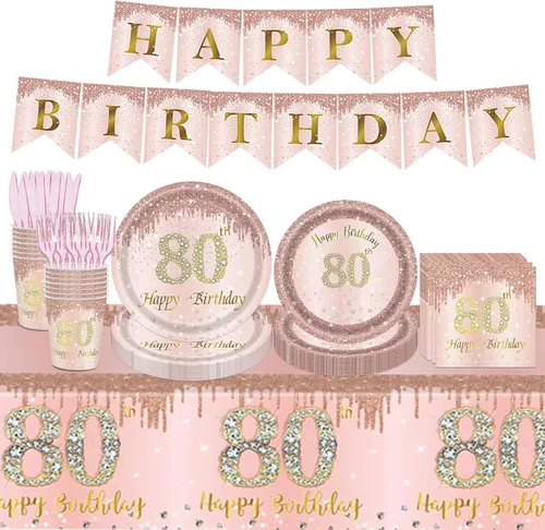 98 platos para fiesta de cumpleaños n.° 80, suministros para fiesta de cumpleaños de 80 años, decoraciones de fiesta de 80 cumpleaños para mujeres,