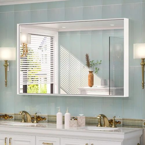 Miniatura 9 de TETOTE Espejo de baño con marco negro de 48 x 24 pulgadas, espejo rectangular grande de baño negro mate para pared, marco de metal, espejo