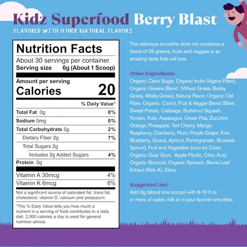 Miniatura 2 de Amazing Grass Kidz Superfood: Vegetales orgánicos, frutas y verduras, polvo de raíz de remolacha y probióticos para niños saludables, explosión