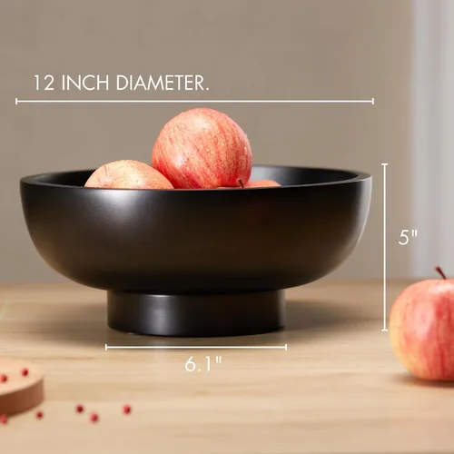 Miniatura 2 de Tazón de fruta negro de madera sólida seguro para alimentos para encimera de cocina, diámetro de 12 pulgadas
