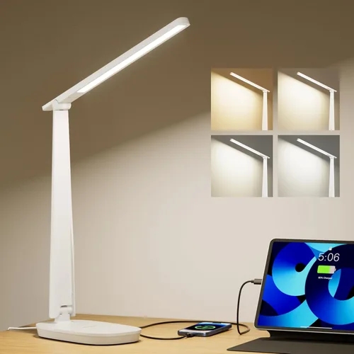 Honeywell Lámpara de escritorio LED para oficina en casa, luz de lectura regulable con 4 modos de color, control táctil, puertos de carga USB-A y