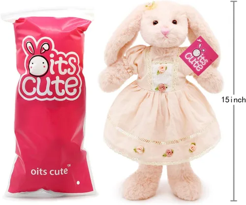 Miniatura 6 de Oitscute Pequeño y suave conejo de peluche de 15 pulgadas, juguete para bebés y niñas (conejo rosa con vestido vintage rosa)
