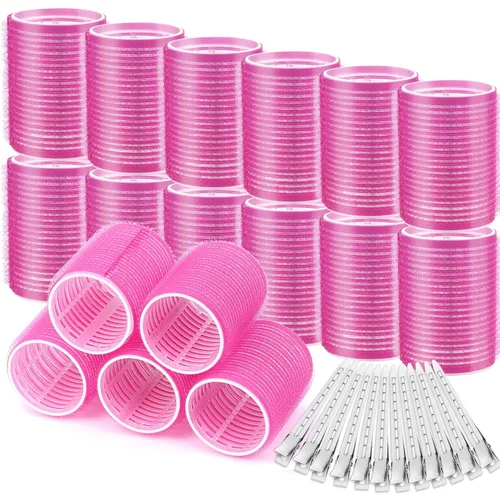 Rodillos grandes de autoagarre con pinzas de pico de pato de acero inoxidable para cabello largo y mediano y volumen Rojo rosa