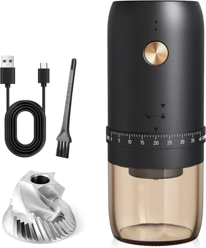 Molinillo de café eléctrico portátil, mejorado externo ajustable 40 niveles de ajuste fino a grueso, rebabas cónicas de acero inoxidable recargables