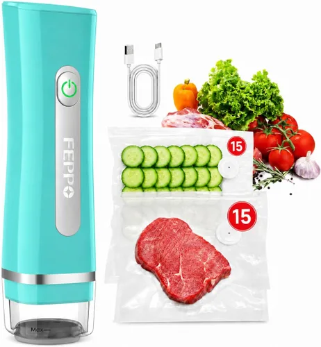 Máquina selladora al vacío FEPPO para alimentos con tanque de agua visible, máquina selladora al vacío compacta portátil con 30 bolsas reutilizables