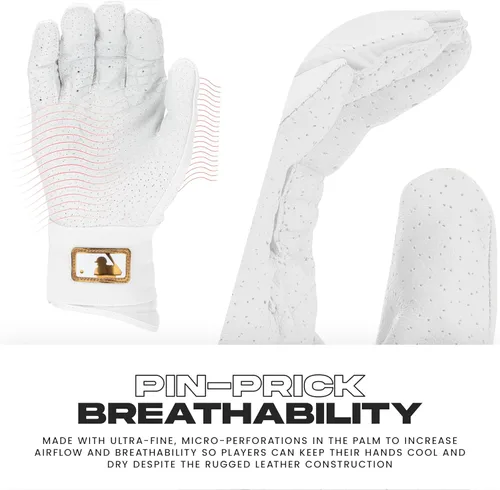 Miniatura 4 de Franklin Sports MLB - Guantes de bateo Infinite Powerstrap para béisbol + sóftbol de puño largo, para adultos y jóvenes Blanco/Dorado
