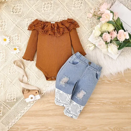 Miniatura 29 de Conjunto de ropa de bebé niña para bebé, mameluco de encaje blanco de manga larga + pantalones de mezclilla
