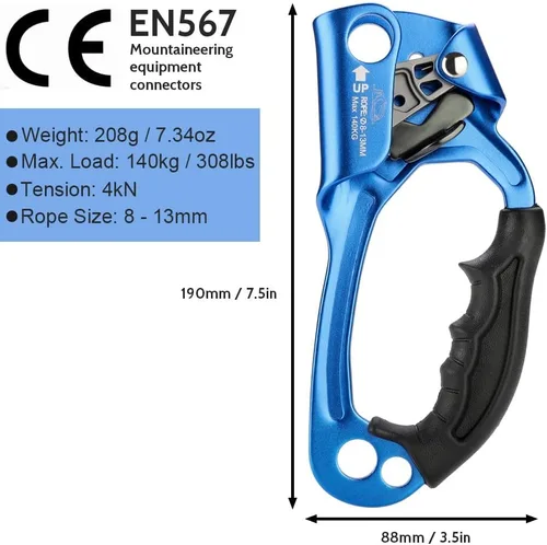 Miniatura 5 de Ascensor de mano de escalada para arbolista de escalada (derecha e izquierda) para cuerda de 8 ~ 0.512 in izquierda y derecha