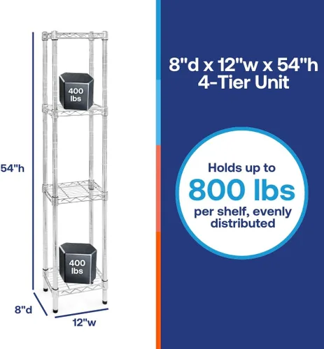 Miniatura 6 de Shelving Inc. Estantería de alambre cromado de 8 pulgadas de profundidad x 12 pulgadas de ancho x 54 pulgadas de alto con estantes de 4 niveles