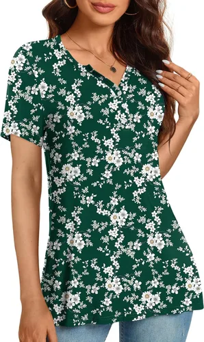 Miniatura 2 de CATHY Camisas elegantes de manga corta para mujer, estilo casual, con botones, cuello en V, holgadas
