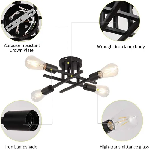 Miniatura 9 de ZGLAOJT Lámpara de techo semiempotrada de 4 luces, color negro mate con base E26, candelabro moderno para casa de campo, cocina, comedor
