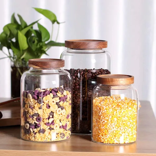 Miniatura 5 de Frascos de almacenamiento de vidrio con tapas herméticas, juego de 2 de 42 onzas líquidas (1250ml) recipiente para café con tapa de madera
